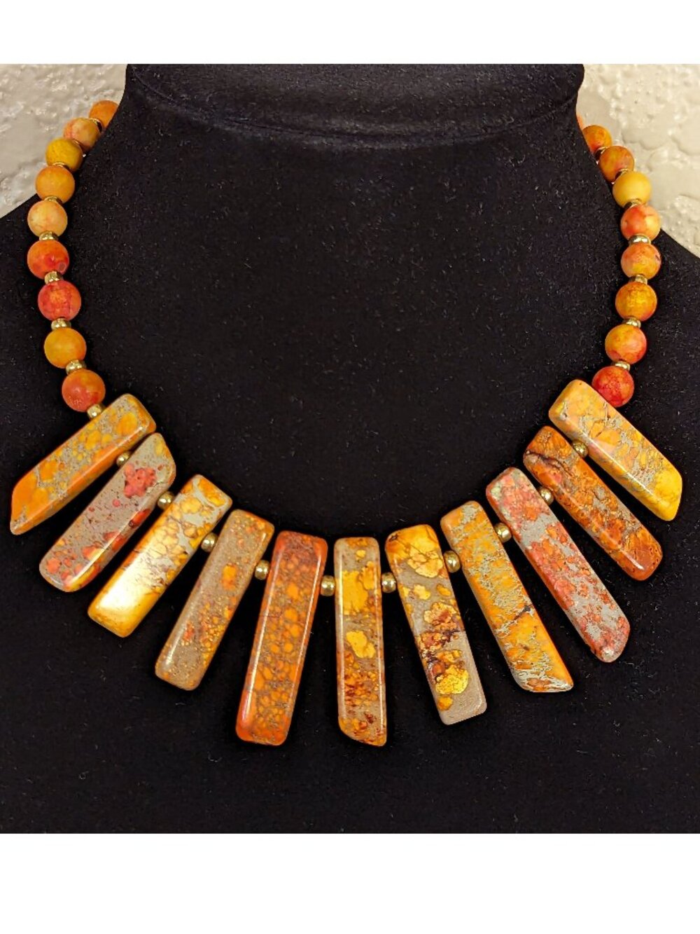 Southwestern Neon Orange & Brown Jasper Stick Bib Statement Necklace